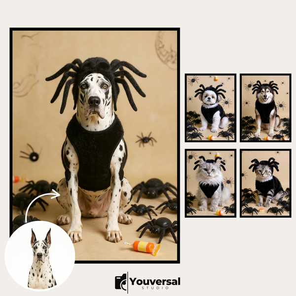 Custom Digital Art Halloween Spider Pet Portrait – Personalized High-Resolution 3:4 Ratio File for Printing, Online Sharing, or Unique Digital Keepsakes
