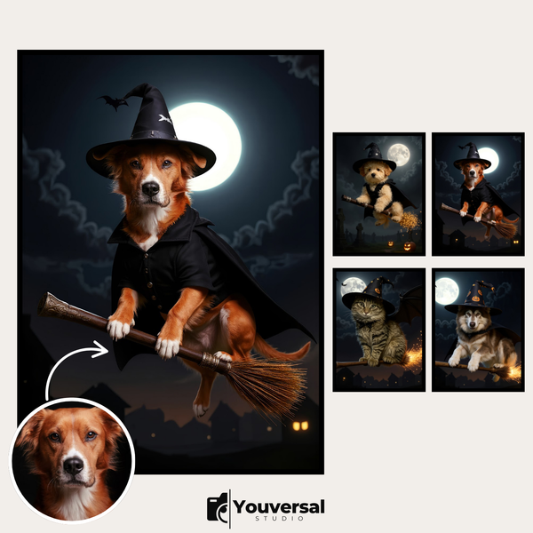 Custom Digital Art Witchy Pet on Broomstick Halloween Portrait – Personalized High-Resolution 3:4 Ratio File for Printing, Online Sharing, or Unique Digital Keepsakes