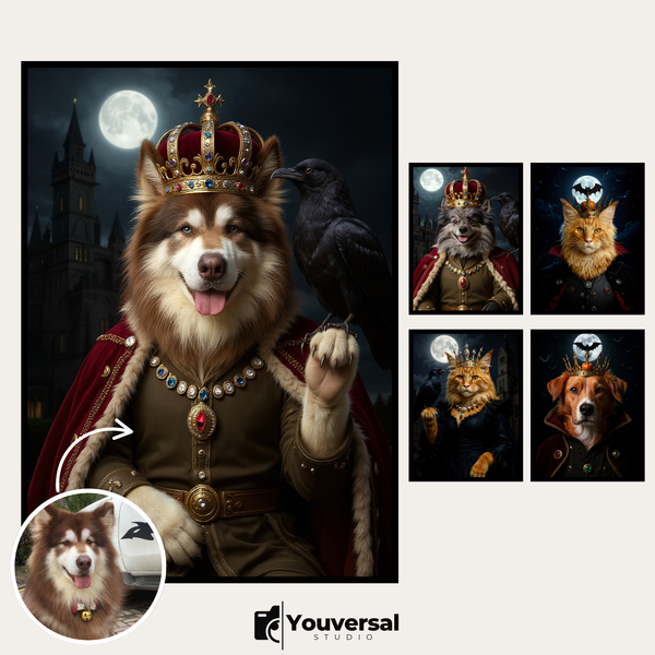 Custom Digital Art Crowned Vampire Pet Portrait – Personalized High-Resolution 3:4 Ratio File for Printing, Online Sharing, or Unique Digital Keepsakes
