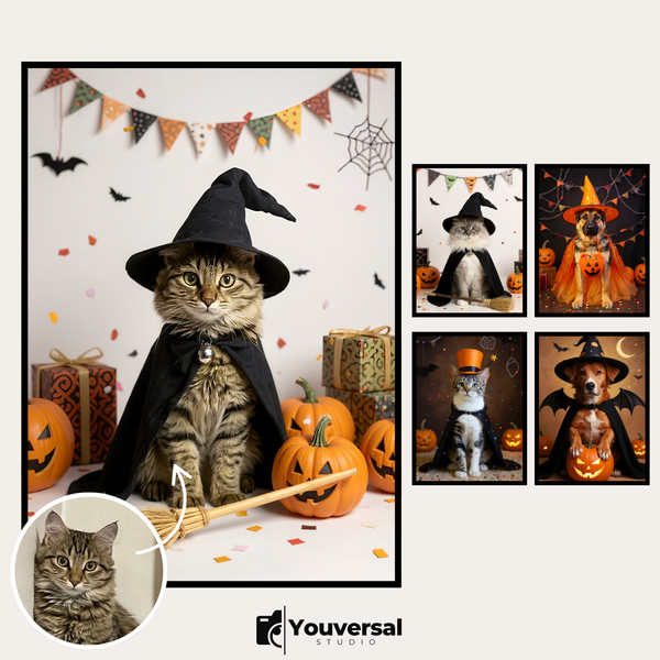 Custom Digital Art Halloween Pet Witch with Pumpkin – Personalized High-Resolution 3:4 Ratio File for Printing, Online Sharing, or Unique Digital Keepsakes