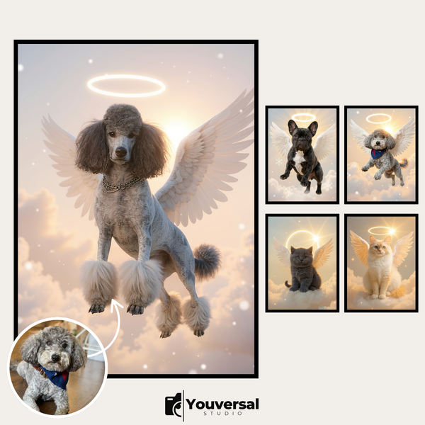 Custom Digital Art Angel Wings Memorial Pet Portrait – Personalized High-Resolution 3:4 Ratio File for Printing, Online Sharing, or Unique Digital Keepsakes