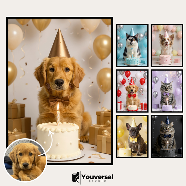 Custom Digital Art Birthday Celebration Pet Portrait – Personalized High-Resolution 3:4 Ratio File for Printing, Online Sharing, or Unique Digital Keepsakes