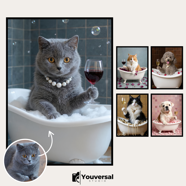 Custom Digital Art Luxury Bathtub Pet Portrait – Personalized High-Resolution 3:4 Ratio File for Printing, Online Sharing, or Unique Digital Keepsakes