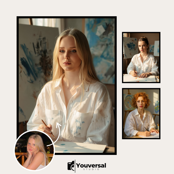 Custom Digital Art Painter’s Atelier Portrait – Personalized High-Resolution 3:4 Ratio File for Printing, Online Sharing, or Unique Digital Keepsakes