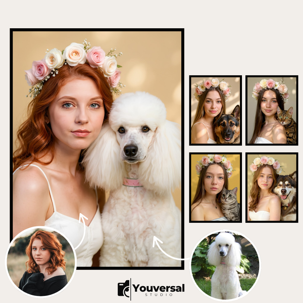 Custom Digital Art Romantic Floral Portrait with Pet – Personalized High-Resolution 3:4 Ratio File for Printing, Online Sharing, or Unique Digital Keepsakes