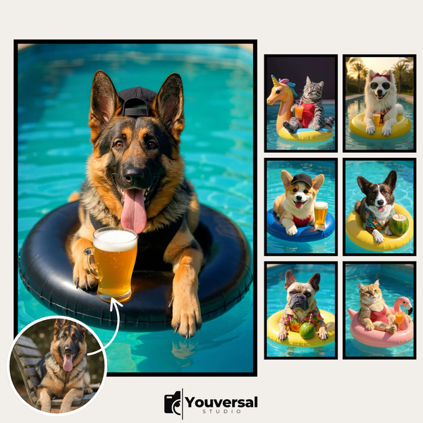 Custom Digital Art Summer Pool Float Pet Portrait – Personalized High-Resolution 3:4 Ratio File for Printing, Online Sharing, or Unique Digital Keepsakes